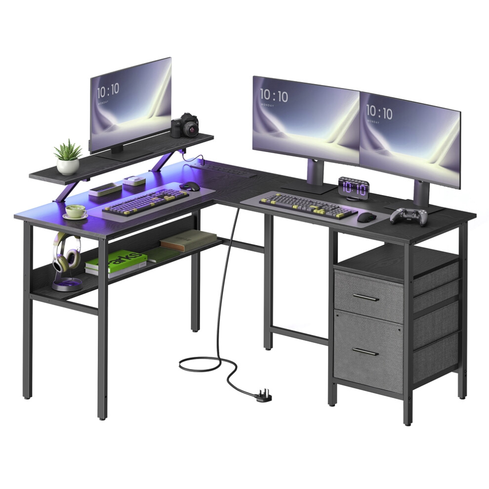 Vasagle L-Shaped Desk With Power Outlets, Corner Desk, Computer Desk With Monitor Shelf, Gaming Desk With Led Lights, 2 Drawers, 2 Usb Ports