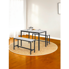 (Marble White, Black) Dining Table with 2 Benches, Set of 3, Kitchen Table, 2 Dining Room Benches, Steel Frame