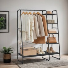 Garment Rack with Shoe Shelf and 5-Tier Storage, 6 Side Hooks for Bedroom & Living Room, Ebony Black