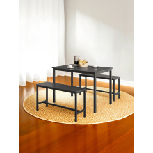 (Ash Black and Ink Black) Dining Table with 2 Benches, Set of 3, Kitchen Table, 2 Dining Room Benches, Steel Frame