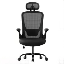 Home Office Mesh Chair, Ergonomic Swivel Chair with Lumbar and Head Support, Fold-Up Armrests, Tilt Function, Black