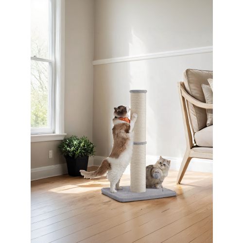 FEANDREA Cat Scratching Post with Spring Pompom with Built-in Bell, Light Grey
