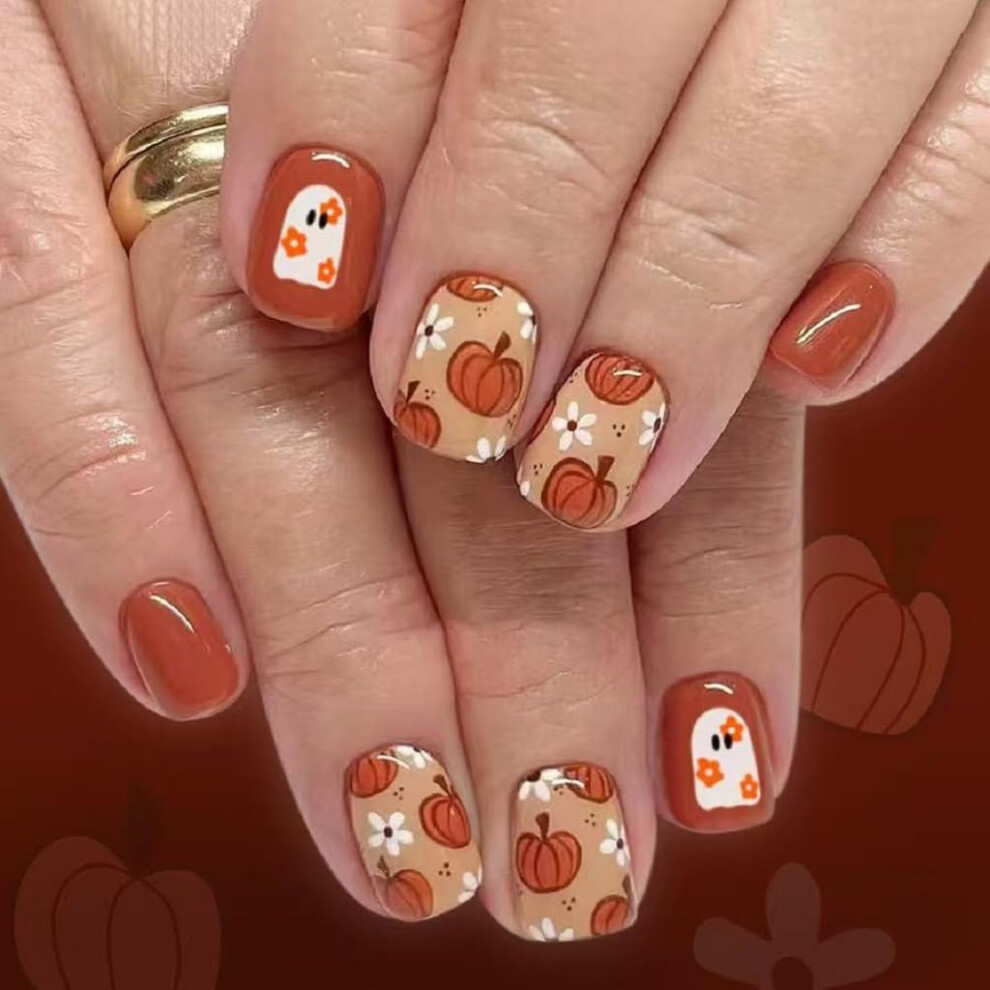 Orange Halloween Press On Nails Square Short Fake Acrylic Nails With Pumpkin And Ghost Design 24Pcs