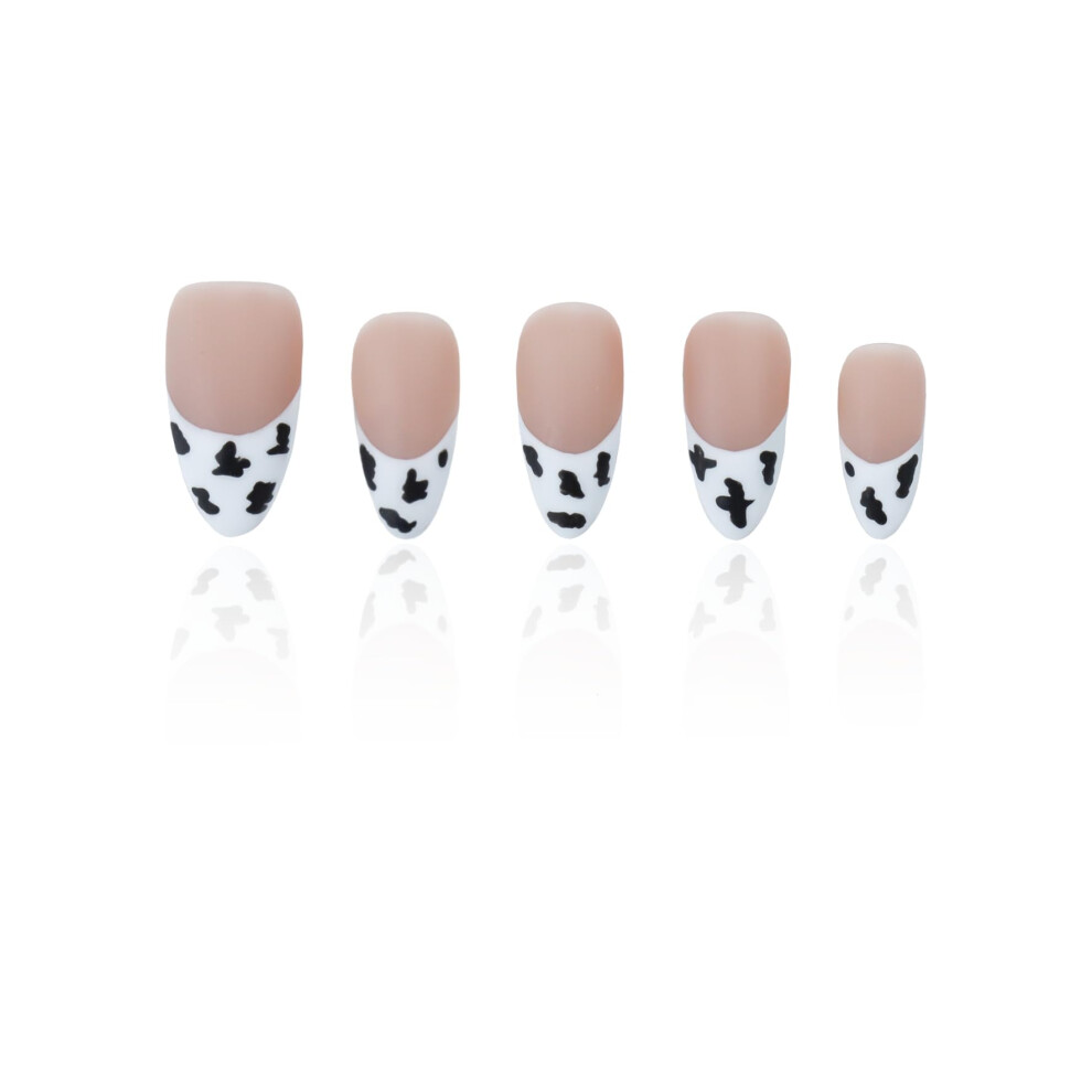 Cow Print French Tip Press On Nails XS, Reusable Durable Acrylic Ballerina Nail Set for Women