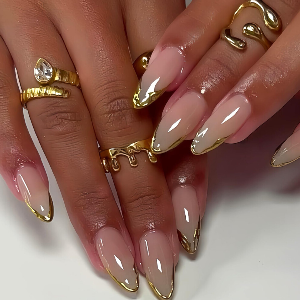 Gold French Tip Press on Nails Almond Shape Long Length Reusable False Nails with Glue