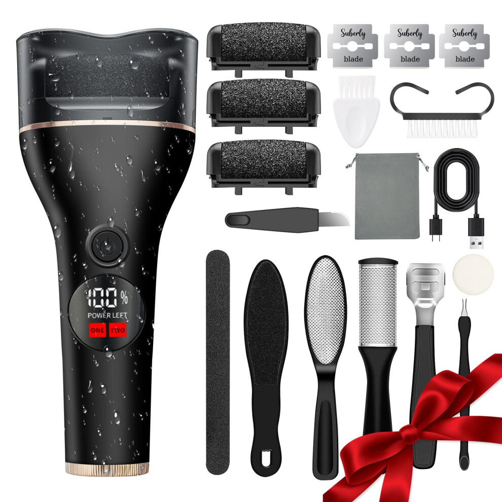 Black Electric Foot File Callus Remover For Feet, Rechargeable Waterproof Pedicure Kit With Lcd Display