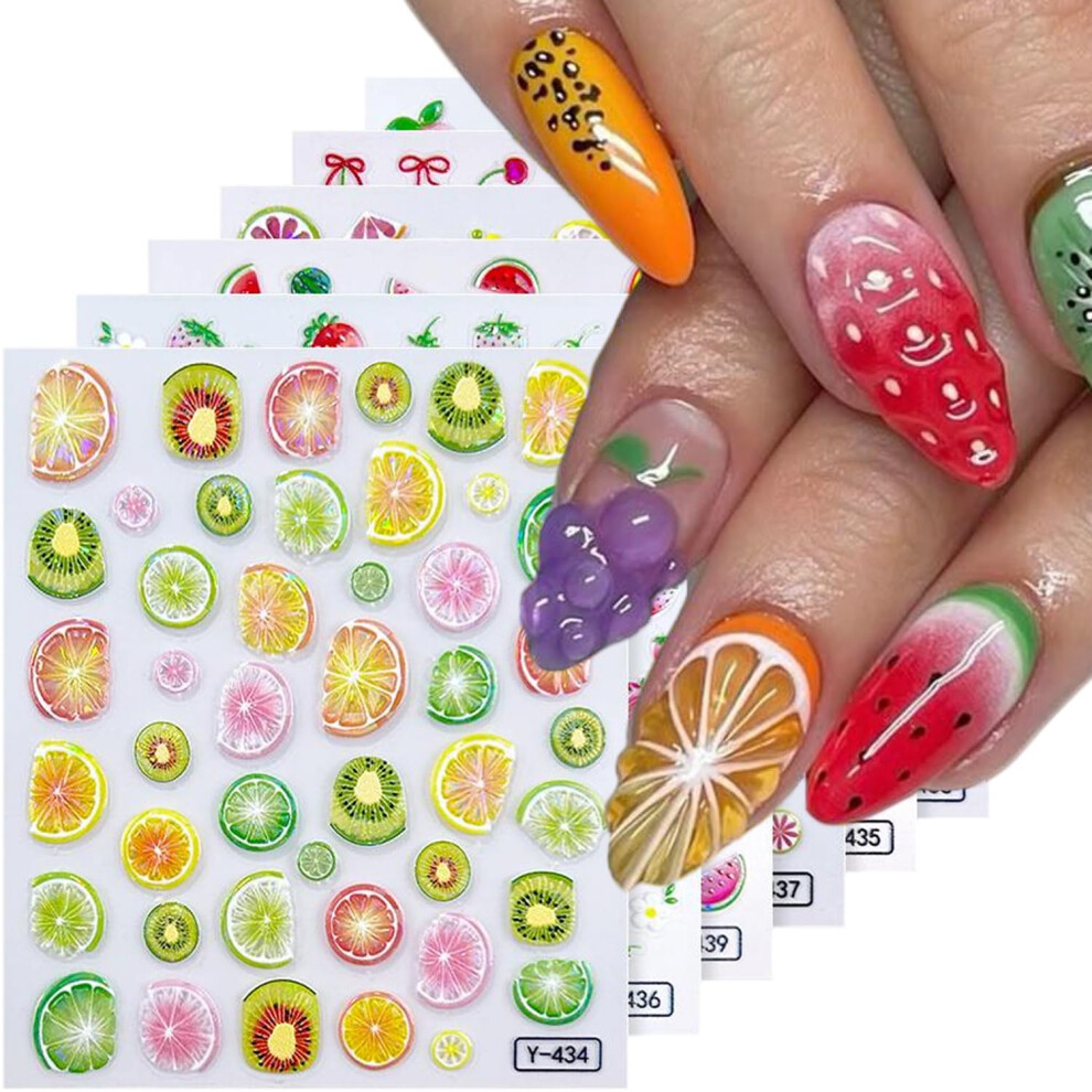Peach 6 Sheets Summer Fruit Nail Art Stickers 3D Selfadhesive Lemon Strawberry Cherry Decals For Diy Manicure