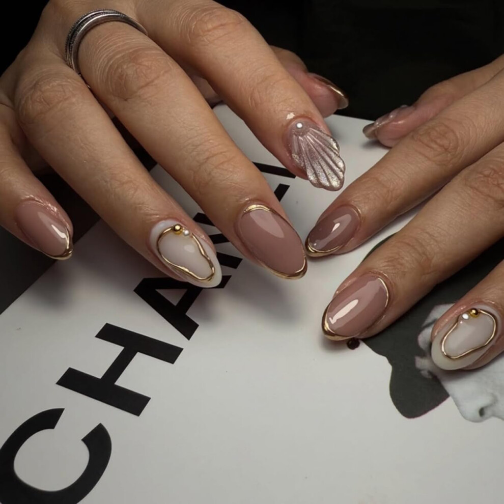 Gold French Tip Press On Nails Short Almond With 3D Butterfly Design, Reusable Acrylic Fake Nails