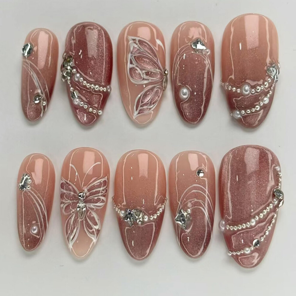 Almond Press On Nails with Butterfly Rhinestones Acrylic Full Cover Fake Nails for Women