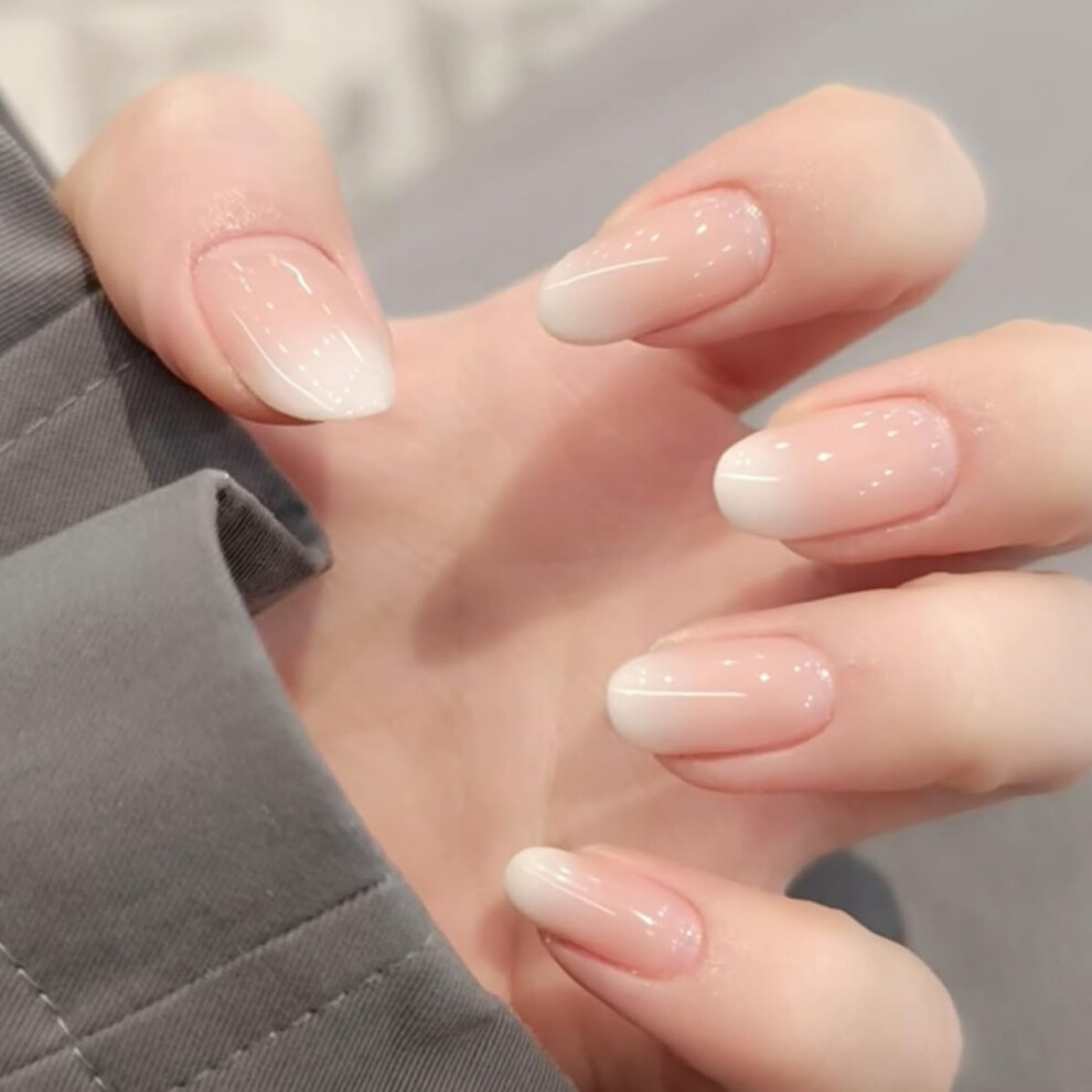 Pink,White Short Oval French Ombre Press On Nails, 24Pcs Glossy Pink White Gradient Fake Nails With Glue Kit