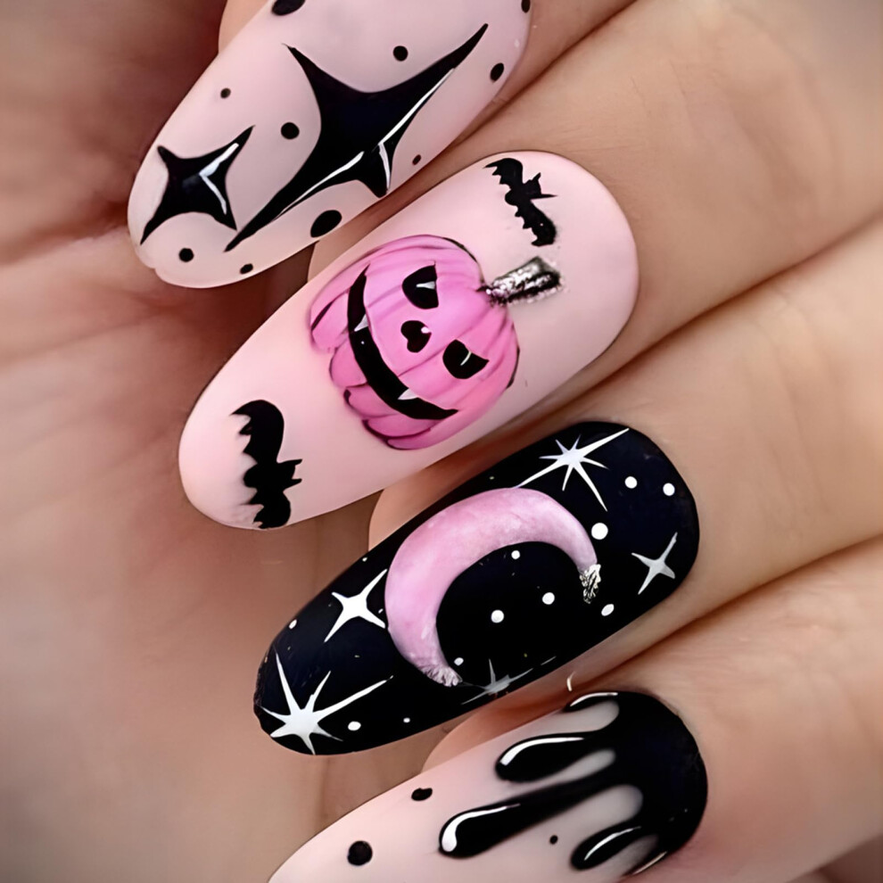 Halloween Press On Nails Pink Pumpkin Bat Star Moon Long Almond Fake Nails Reusable Acrylic Kit