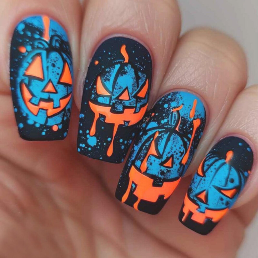 Halloween Press on Nails Matte Blue Fake Nails with Pumpkin Design Square Tips for Women 24pcs