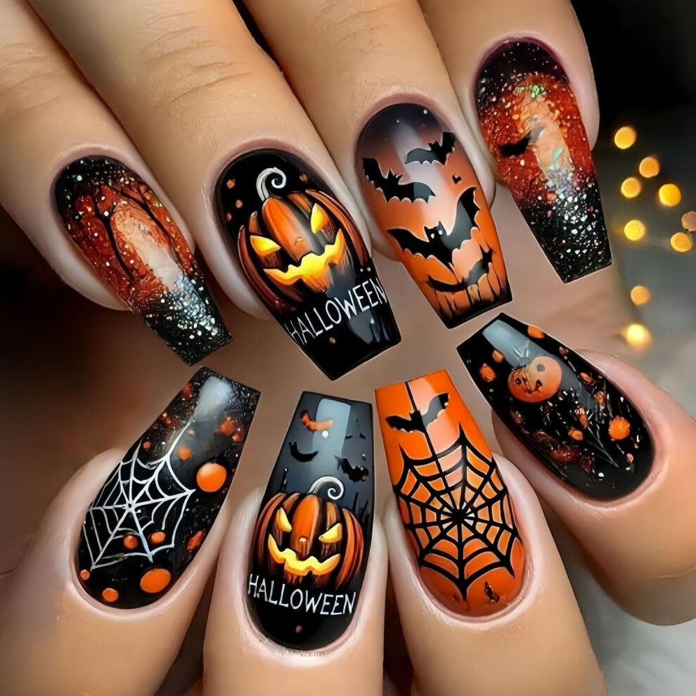 Halloween Press On Nails Coffin Fake Nails with Bat Pumpkin Spider Web Design Reusable Medium