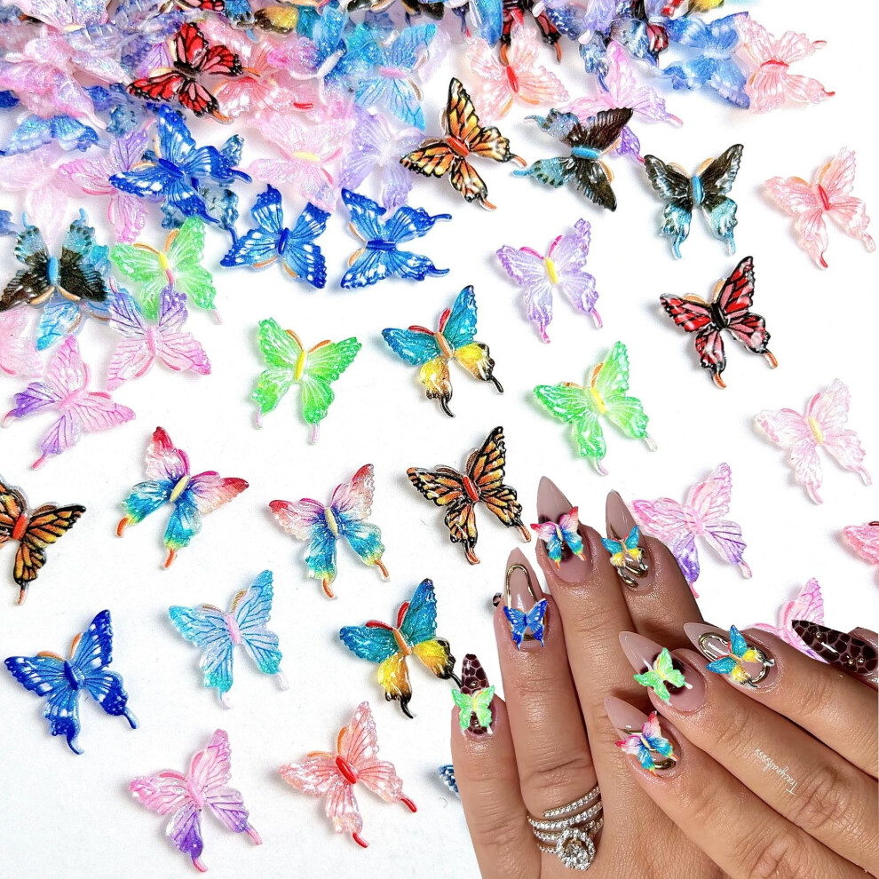 Blue 60Pcs Colorful 3D Butterfly Nail Charms With Rhinestones For Layered Manicure And Diy Art