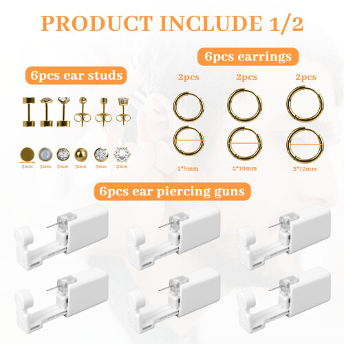Gold Disposable Ear Piercing Kit with Self Piercing Gun, Multiple Stud Sizes for Home Use 1