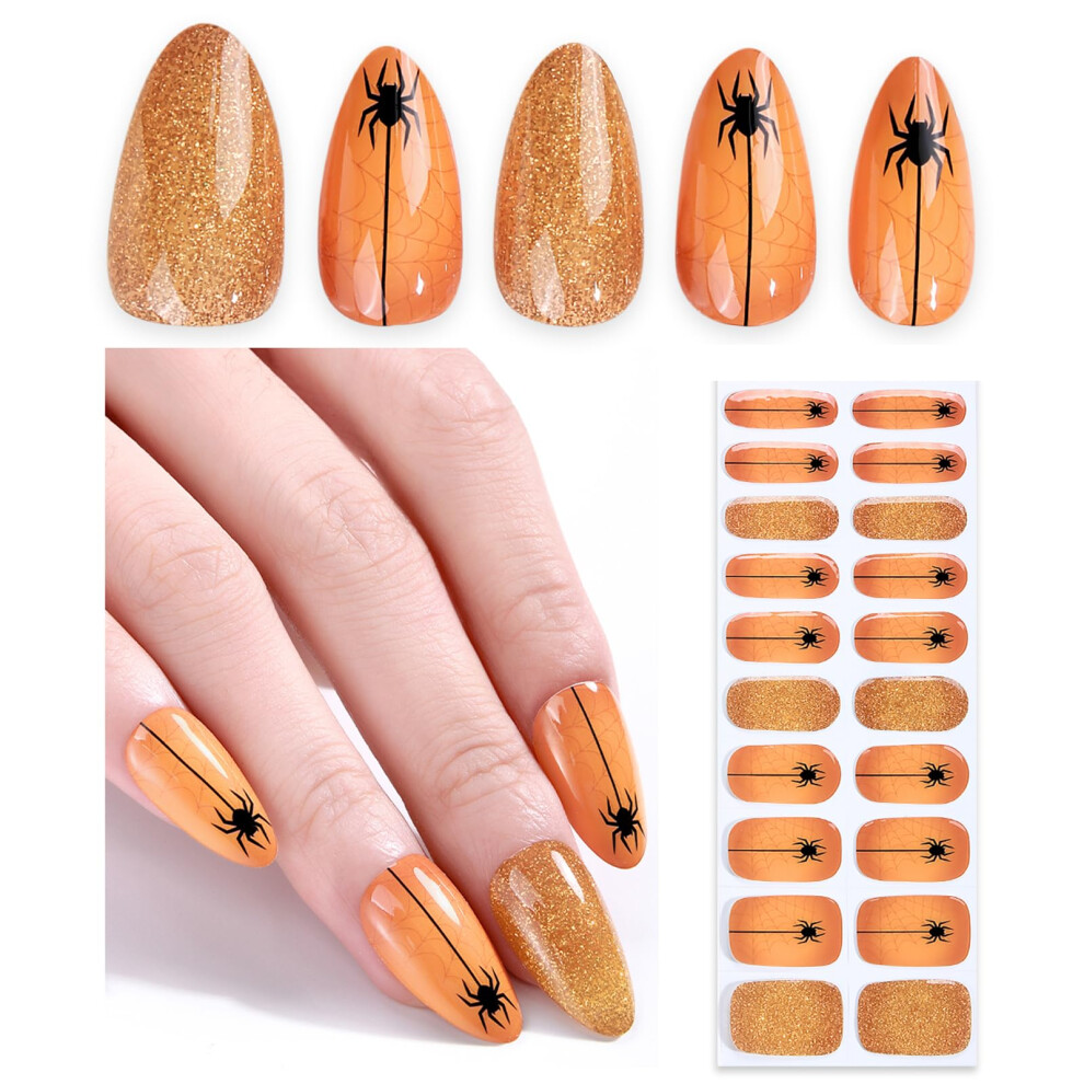 Orange Halloween Semi Cured Gel Nail Stickers 20Pcs Uv Quick Cure Longlasting Gloss Spider Design