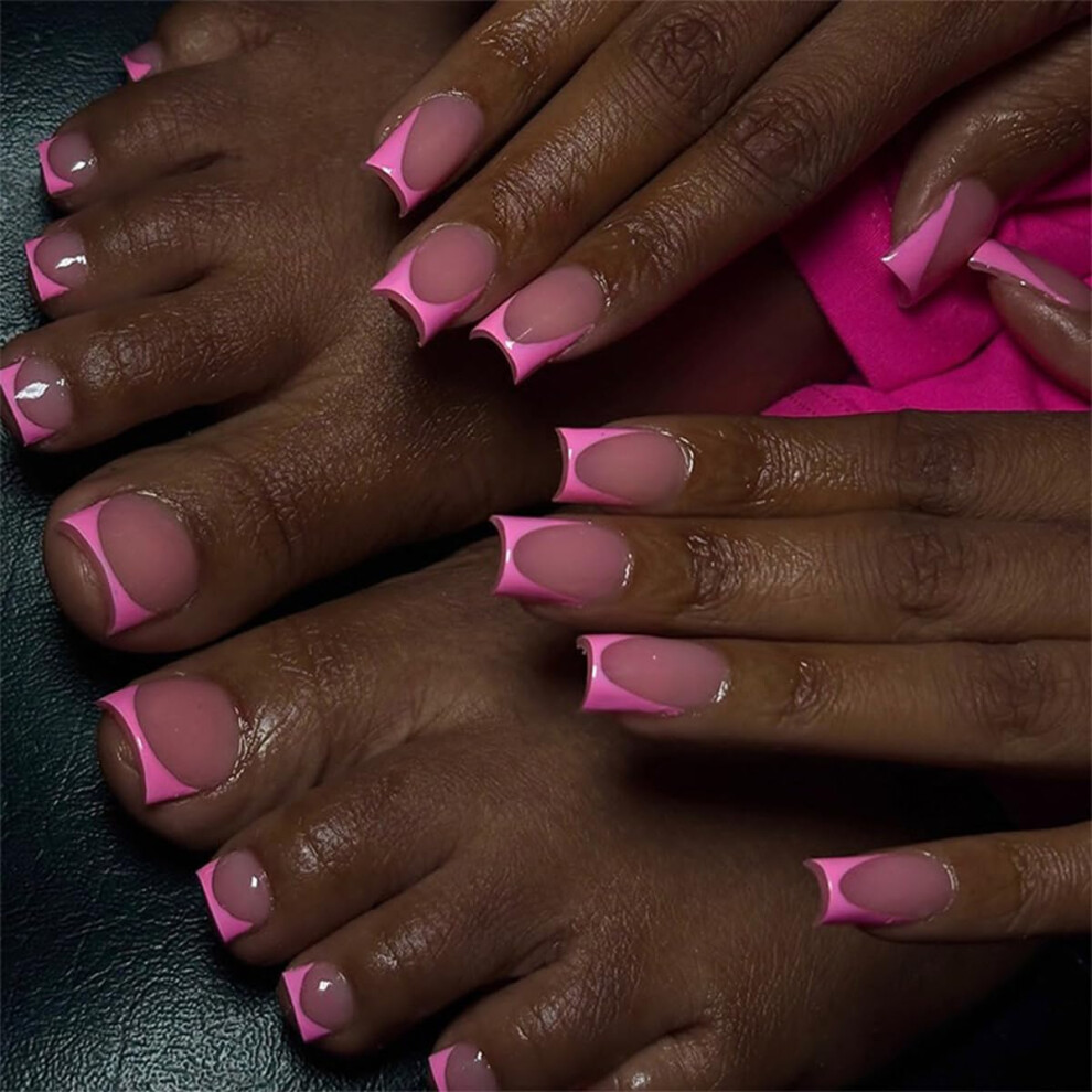 Pink French Press On Nails With Toenails Set, Short Square Fake Nails Kit, Reusable 48Pcs