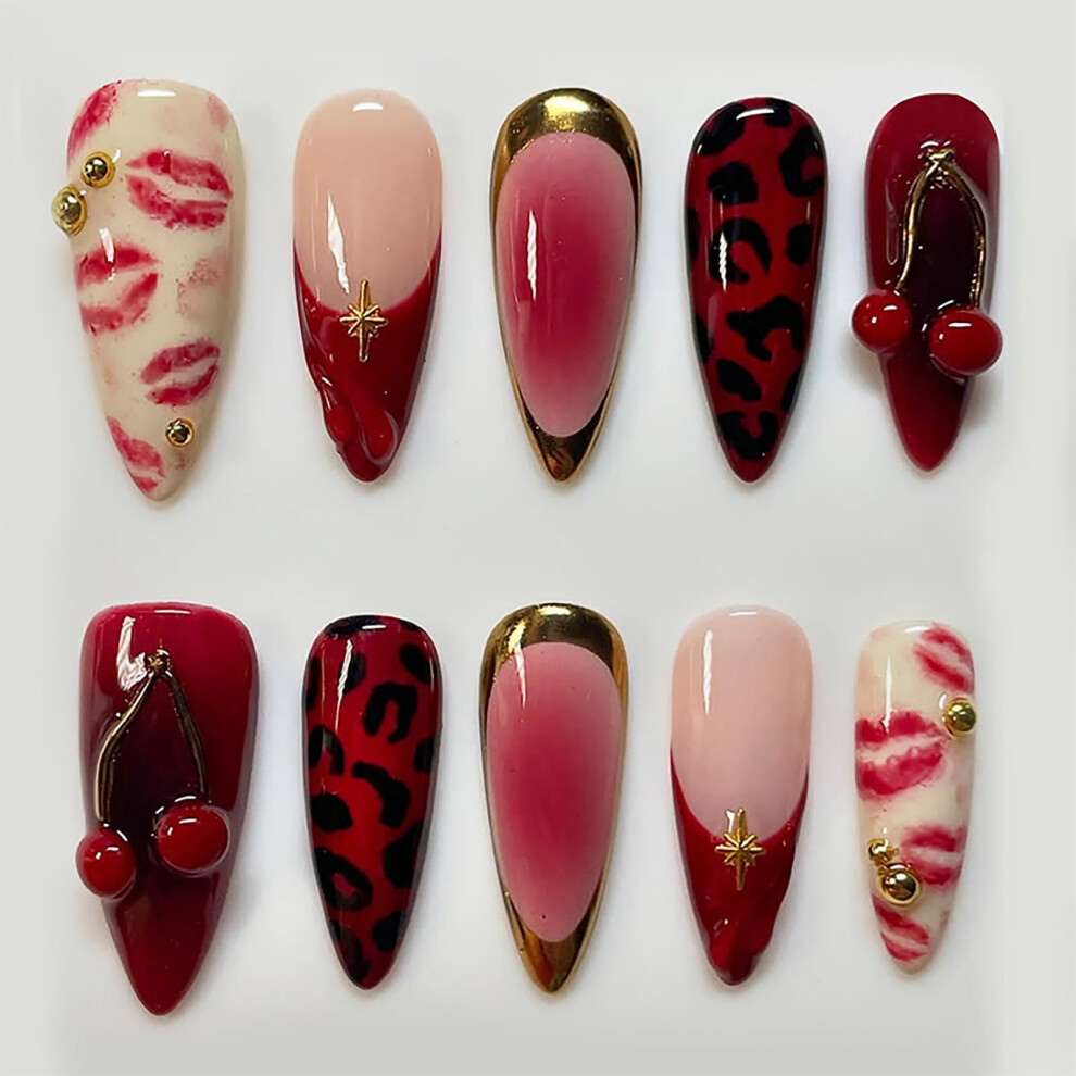 Red Wine Almond Press On Nails With 3D Cherry Accents, Medium Length Glossy Reusable Set