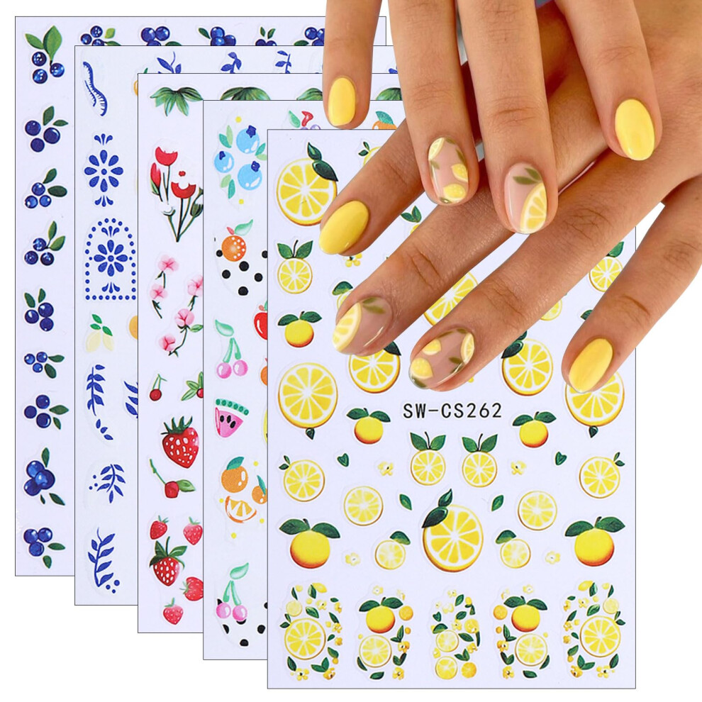 6 Sheets Fruit and Strawberry Nail Art Stickers Set, SelfAdhesive Nail Decals for DIY Manicure