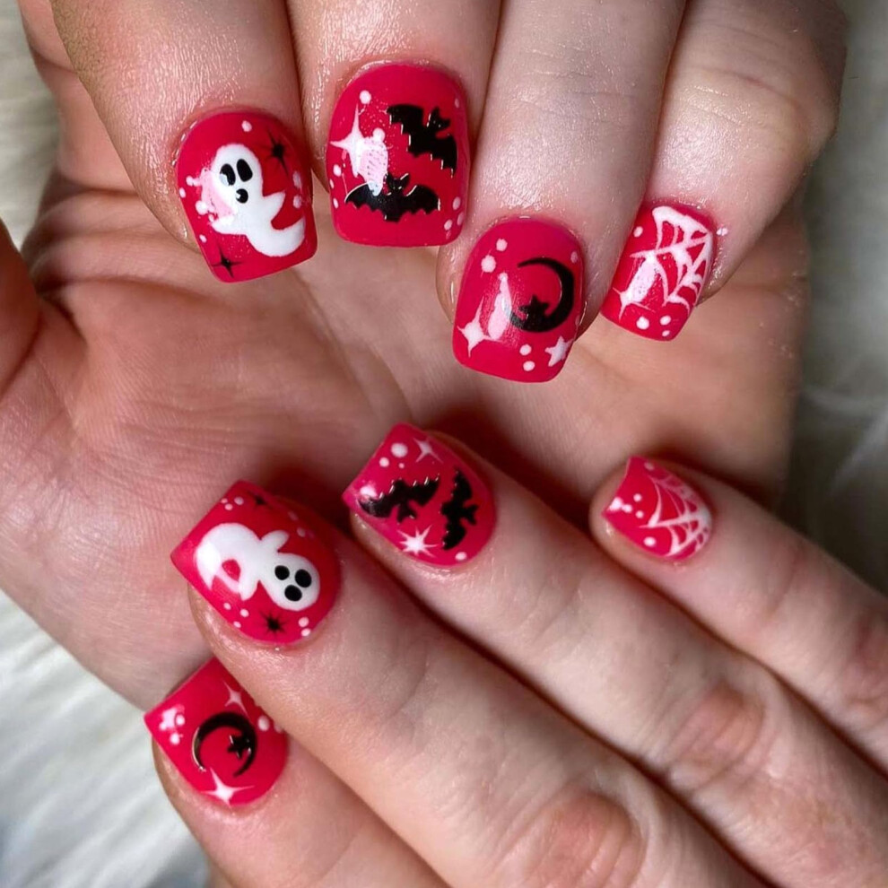 Red Halloween Press On Nails Short Square Fake Nails With Bat Ghost Spider Web Designs 24Pcs