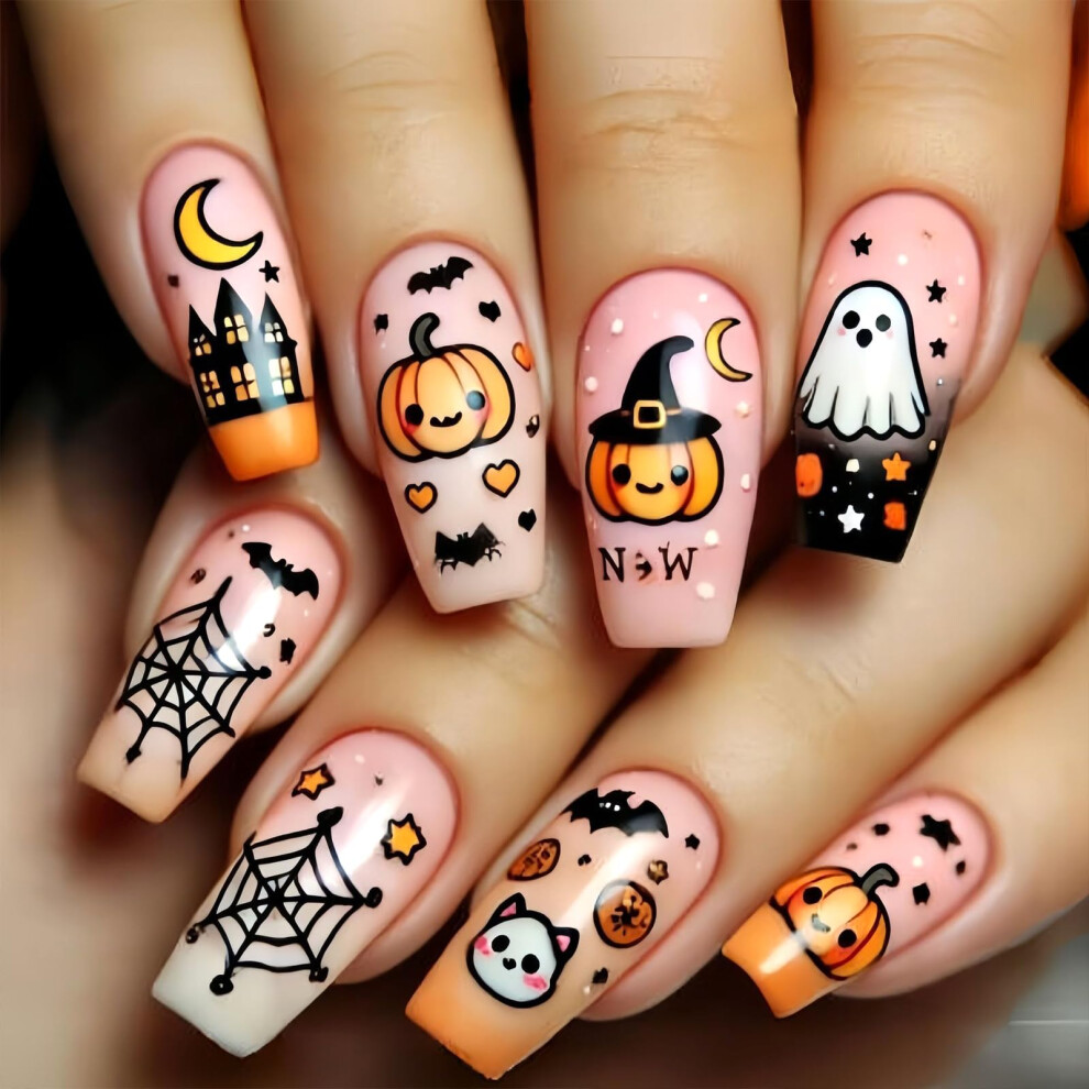 Halloween Press On Nails Medium Square Acrylic Fake Nails with Pumpkin Ghost Cobweb Designs for Women