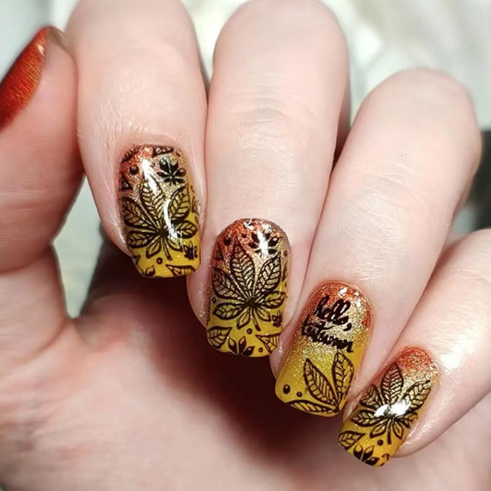 Fall Short Square Press On Nails Maple Leaf Glitter Nude Acrylic Fake Nails Set 24pcs Salon Quality