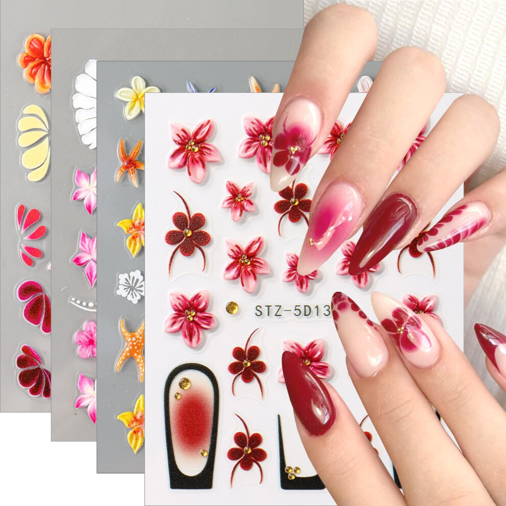5D Nail Art Stickers with Rhinestones, SelfAdhesive Floral and Starfish Nail Decals for Summer Nails