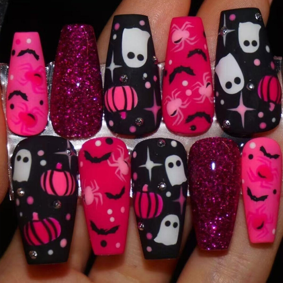Black 24 Pcs Halloween Coffin Press On Nails Glitter Ghost Acrylic Full Cover False Nail Set