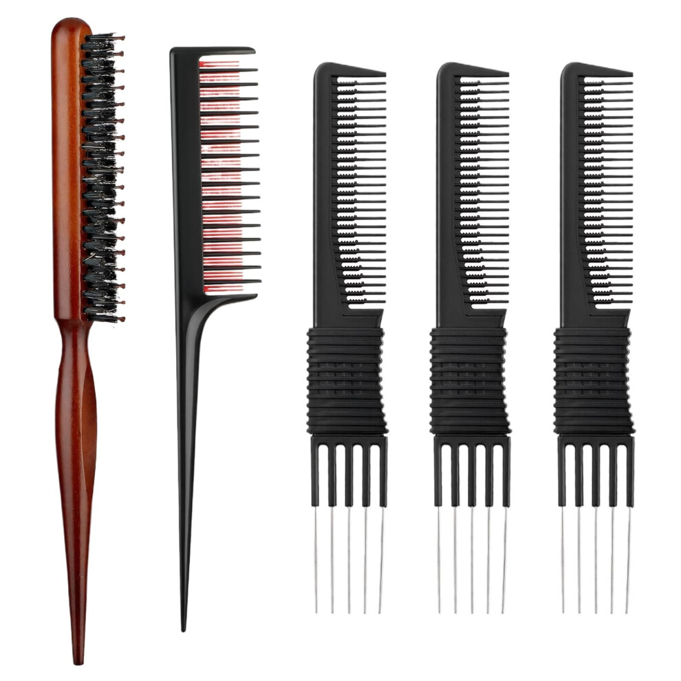 Unisex 5 Pcs Rat Tail Comb Set For Women With Teasing Combs, Smooth Teeth Hairdressing Set For Salon Styling