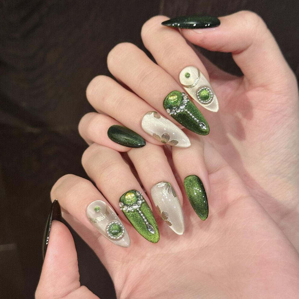Green Almond Shape Handmade Press On Nails Small Size Reusable Fake Nails Salonquality Finish