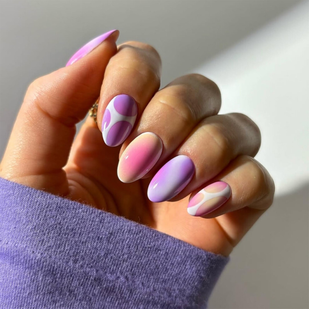 Medium Round Press On Nails with Glue, Purple Pink Ombre Fake Nails, 24pcs Glossy DIY Kit