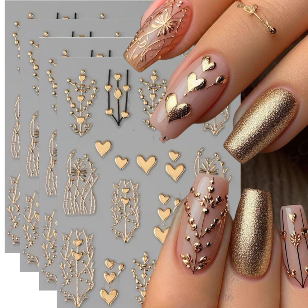 Golden Nail Art Stickers 3D Selfadhesive Heart Tree Decals For Manicure And Acrylic Nails