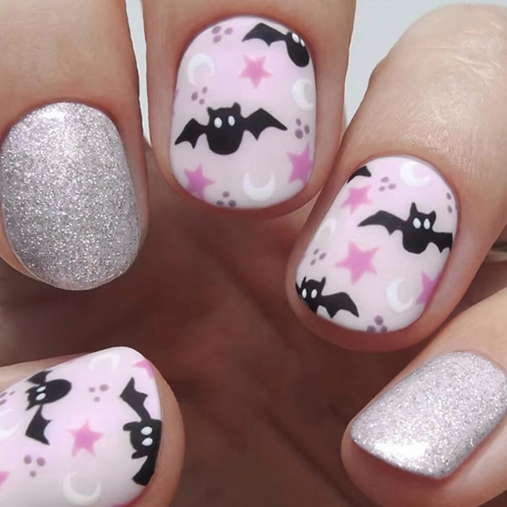 Halloween Press On Nails with Ghost and Pumpkin Design, Square Fake Nails for Women Style 08