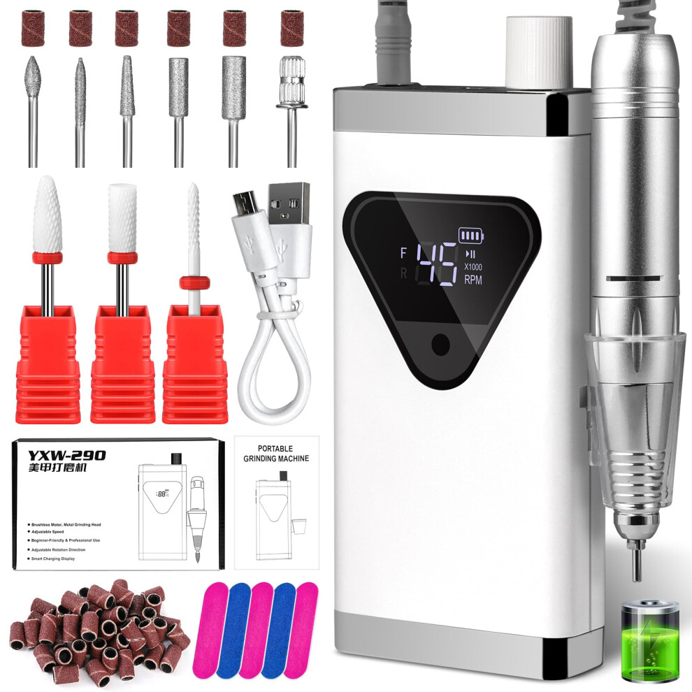 White Professional Cordless Nail Drill 45000Rpm Electric Nail File For Acrylic Nails Manicure Pedicure
