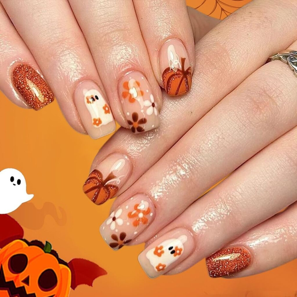 Halloween Press On Nails Square Short Acrylic Fake Nails with Ghost Pumpkin Daisy Design 24pcs