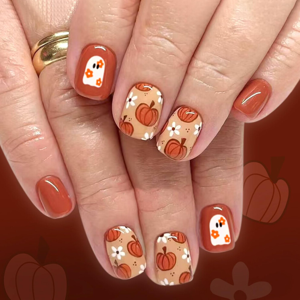 Halloween Press On Nails Coffin Shape Pumpkin Ghost Design Reusable Acrylic False Nails Set