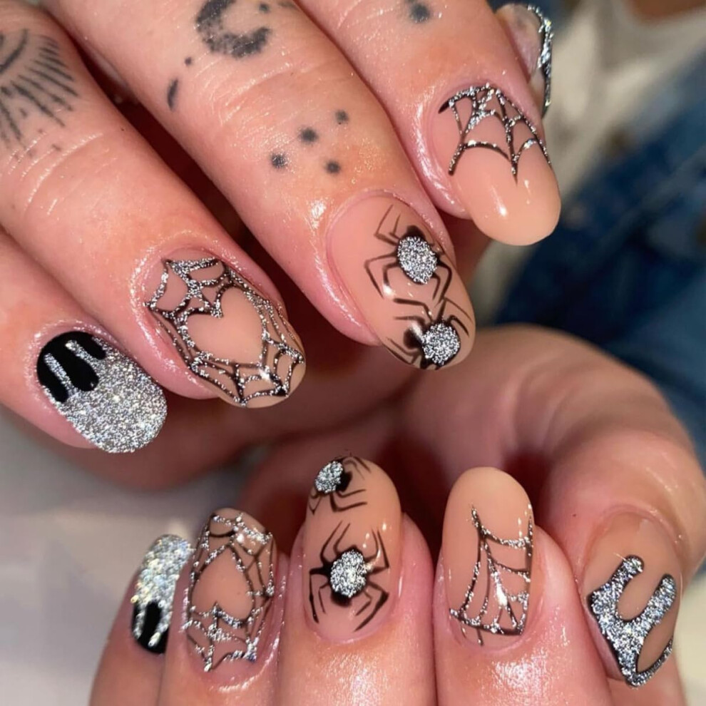 Halloween Press On Nails Short Almond Glitter Spider Web Heart Design False Nails 24Pcs