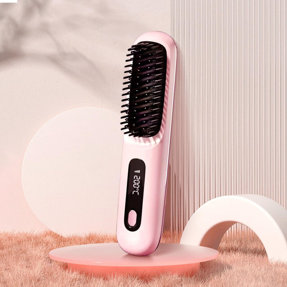 Pink Cordless Hair Straightener Brush Mini With Fast Heat Up And Antiscald Ion Frizz Control