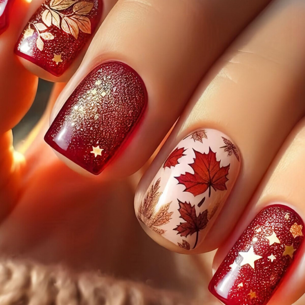 Red,Gold Red Gloss Press On Nails With Gold Maple Leaf Design, Medium Square Reusable 24Piece Set