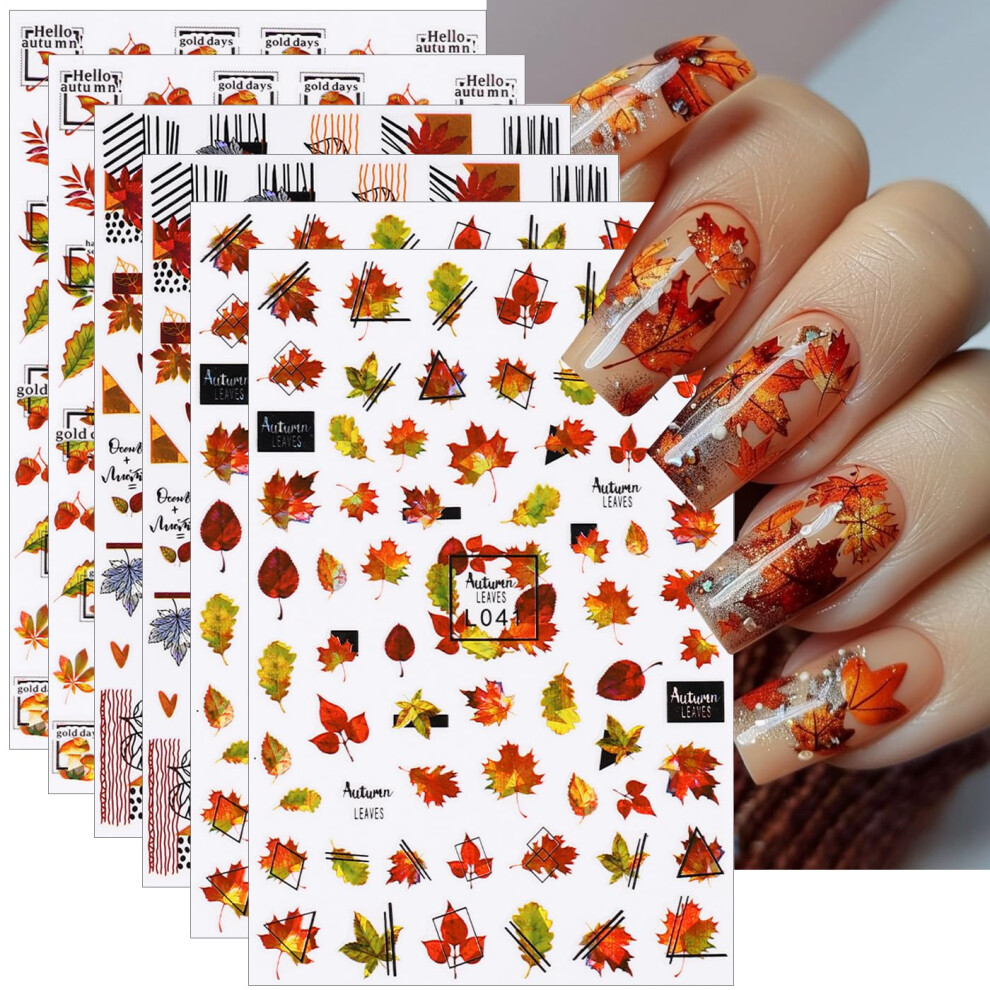 6pcs Fall Nail Art Stickers 3D Holographic Maple Leaf Decals for Thanksgiving Manicure Decor
