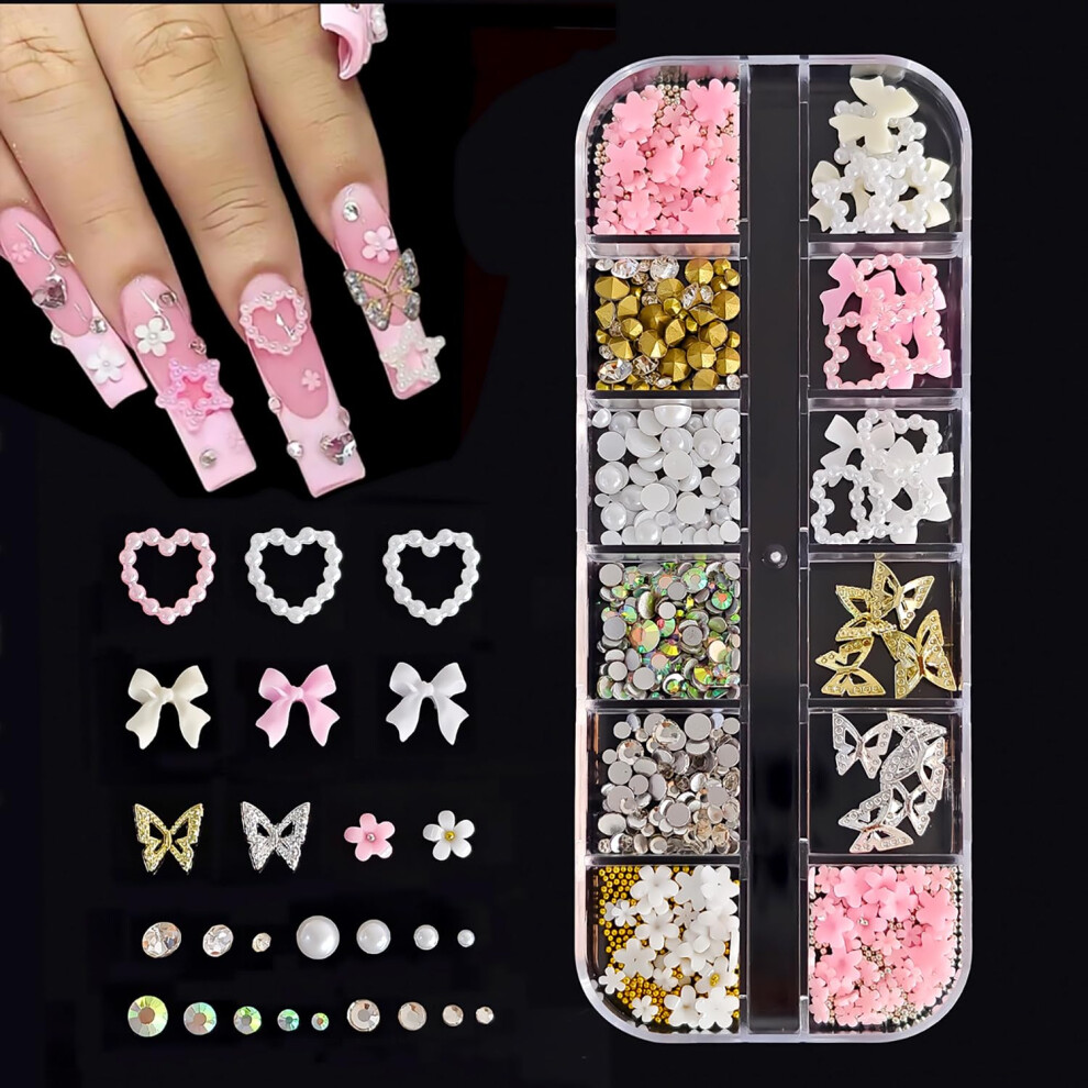 12 Grid 3D Nail Charms with Pearls and Rhinestones Butterfly Flower Decorations for DIY Manicure