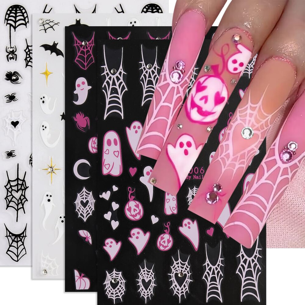 Halloween Nail Stickers with Rhinestones 3D SelfAdhesive Ghost Spider Web Pumpkin Bat Nail Art 4 Sheets