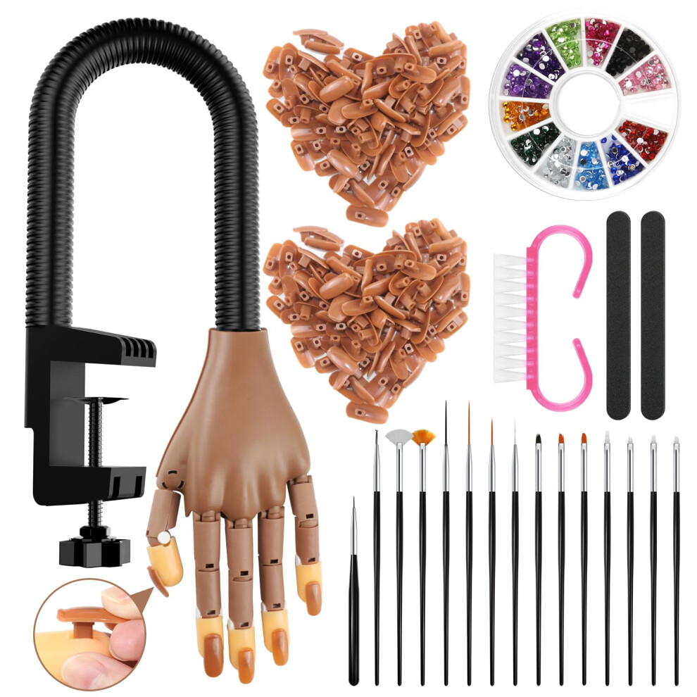 Brown Nail Practice Hand For Acrylic Nails With Realistic Flexible Joints And Reusable Nail Tips