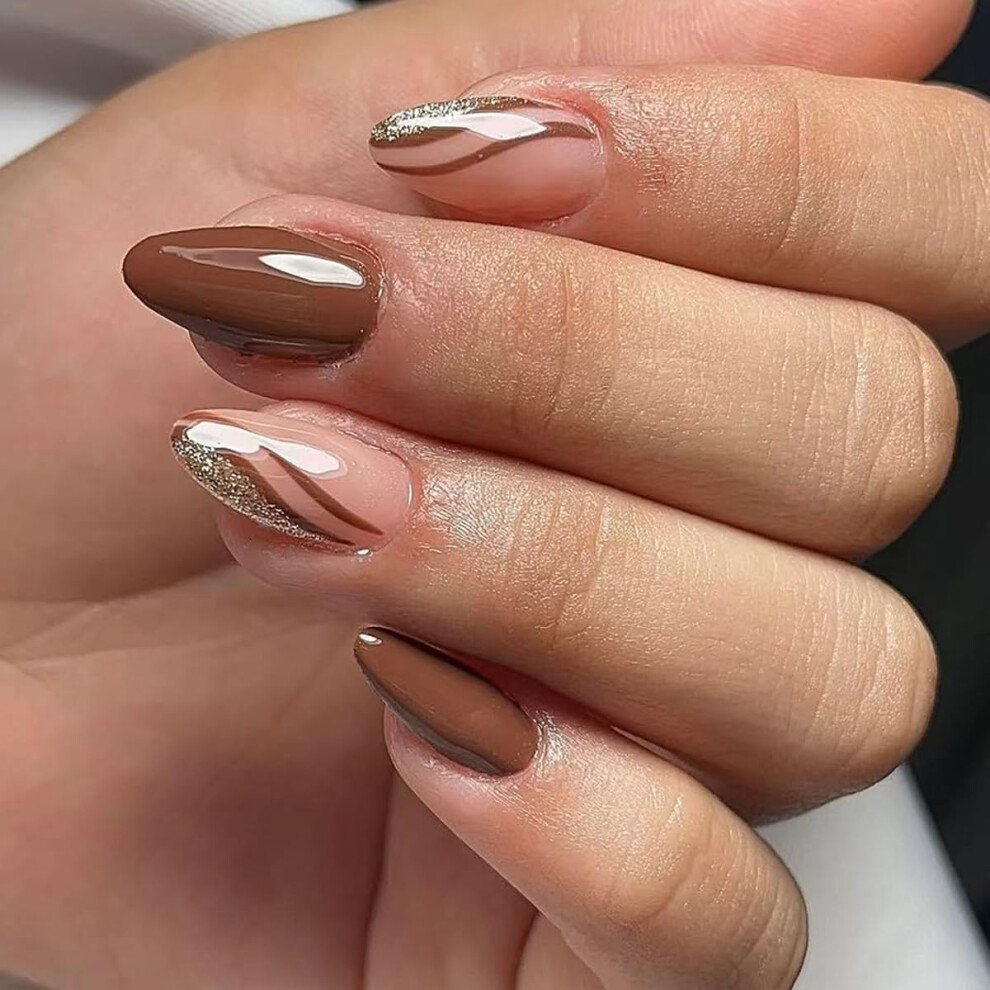 Brown Short Almond Press On Nails With Swirl And Glitter, Reusable Fake Nails For Women 24Pcs