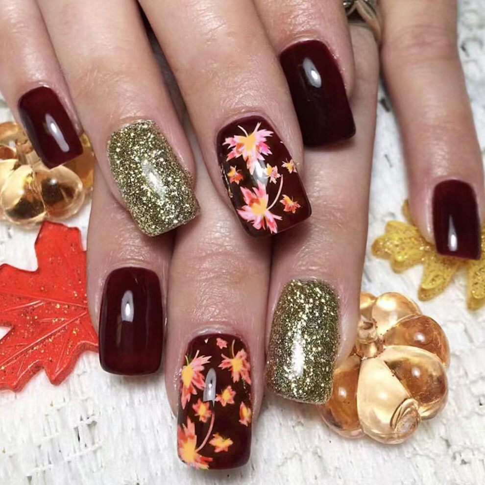 Thanksgiving Press On Nails Maple Leaf Autumn Glitter Fake Nails Medium Square 24pcs Set