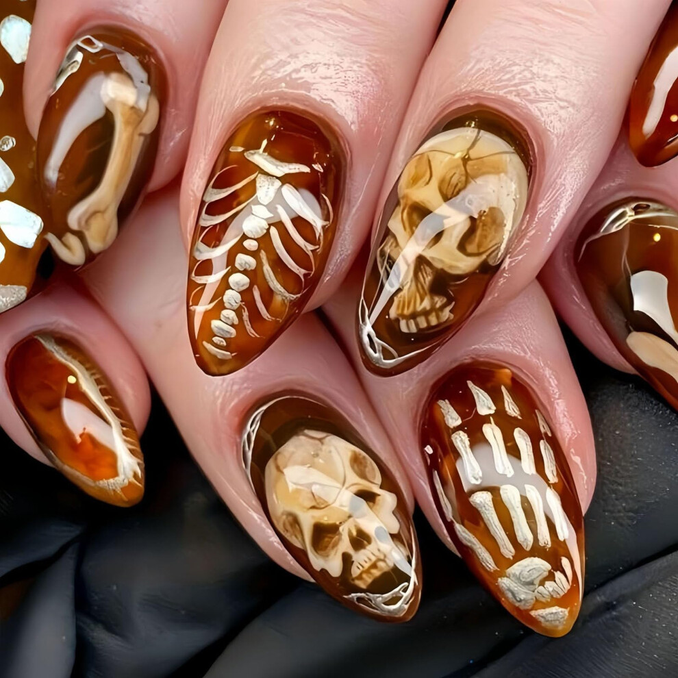 Halloween Almond Press On Nails with Bold Skull Design, Reusable Acrylic False Nail Set 24pcs