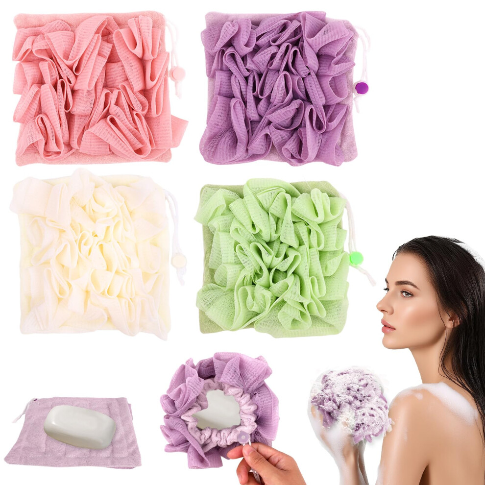 Loofah Washcloth Set with Soap Saver Pouch, DualTexture, Secure Pocket, Reusable, 4 Pack