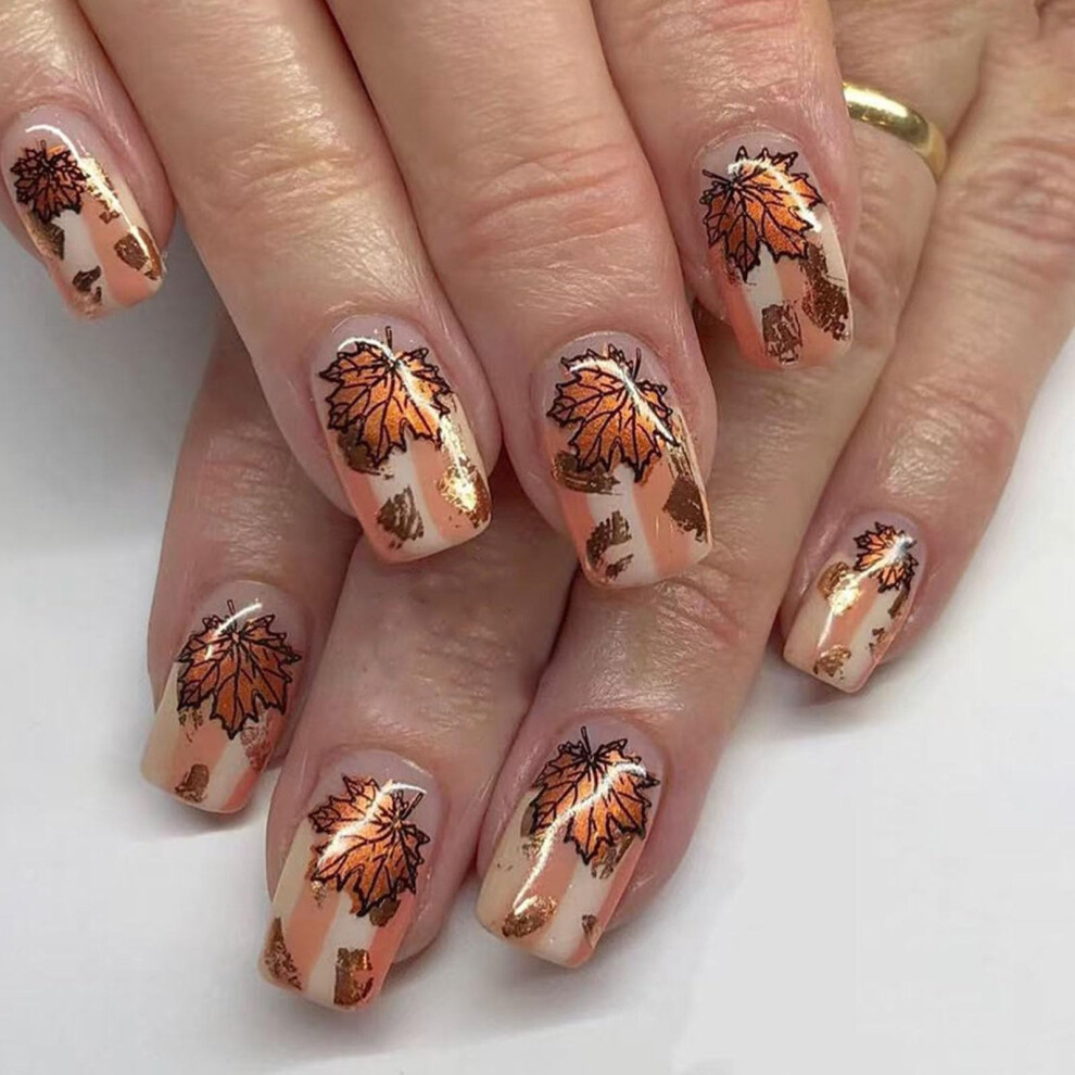 Thanksgiving Maple Leaf Press On Nails Fall Square Glossy Fake Nails Kit with Glue Stickers 24pcs