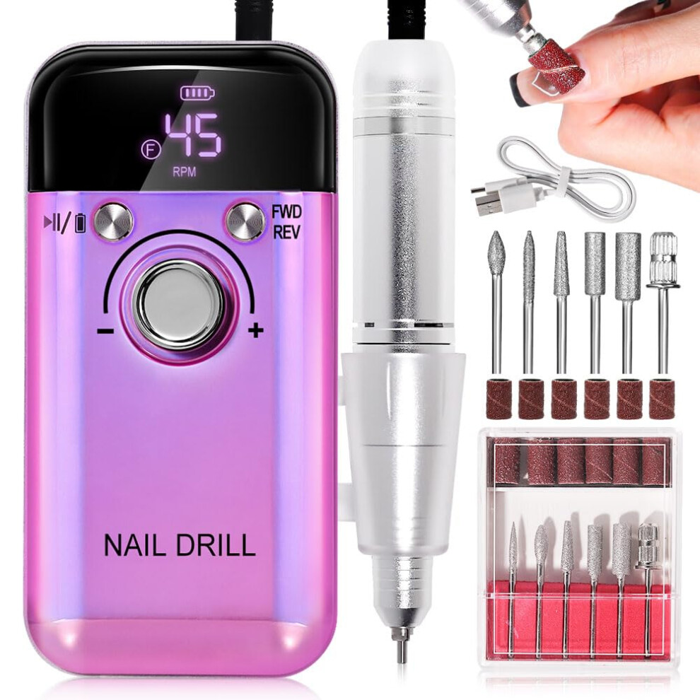 Purple Professional Electric Nail Drill 45000 Rpm Cordless Rechargeable Efile With 12 Bits For Acrylic Gel Nails