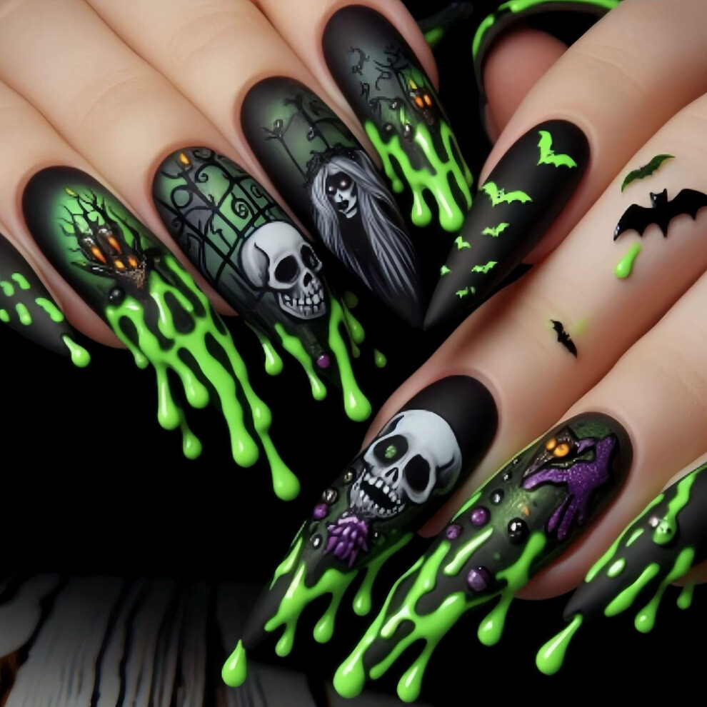 Halloween Long Coffin Press on Nails Geometric Acrylic False Nails 24pcs Easy Glue Salon Look